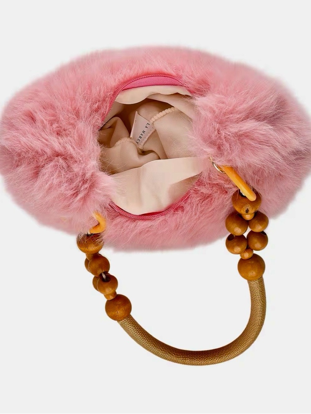 Pink Faux Fur Bag with Wooden Bead Handle NWT - Picture 3 of 7